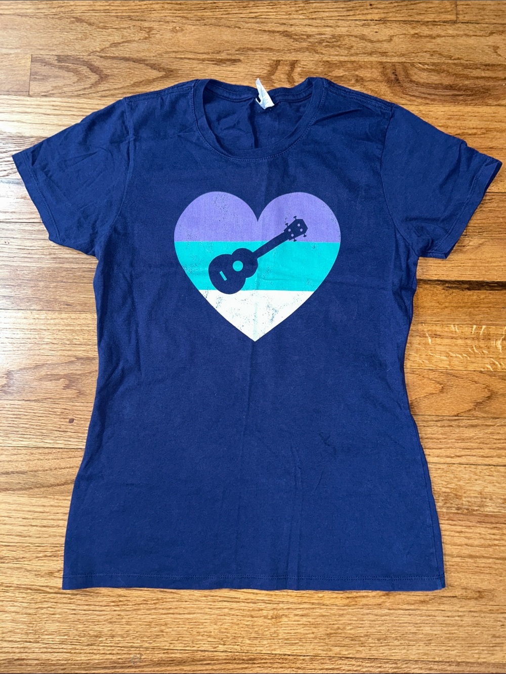 Womens Navy Blue Graphic Heart Guitar T-Shirt Size Small